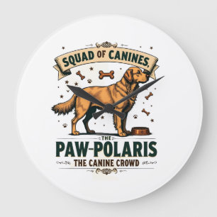 Grande Horloge Ronde Équipe de canidés Graphique vintage avec pun chien