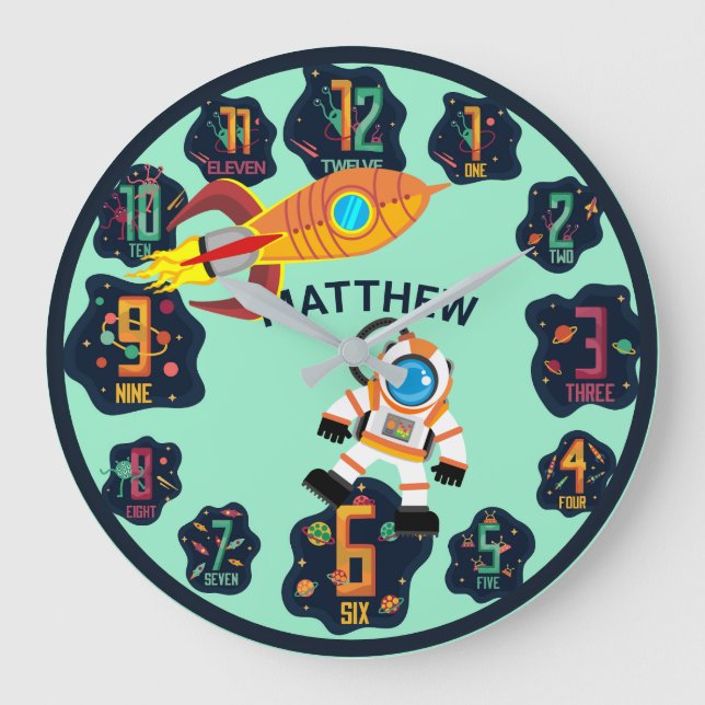 Grande Horloge Ronde Espace Garçons Astronaute Fusée Planètes Extraterr (Recto)