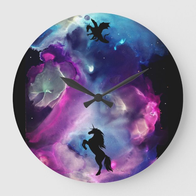 Grande Horloge Ronde Espace Imaginaire Nebula Unicorn Dragon bleu rose (Recto)