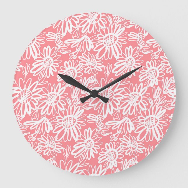 Grande Horloge Ronde Esquisse de marguerite Abstraite, motif monochrome (Recto)