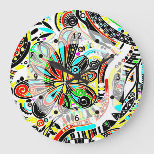 Grande Horloge Ronde Esquisse Imaginaire Art - Fleurs Abstraites 3