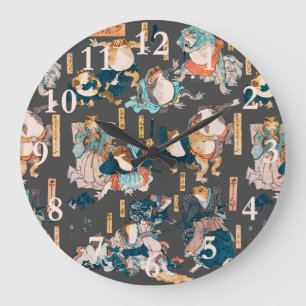 Grande Horloge Ronde Estampe japonaise de grenouille sur bois Kuniyoshi