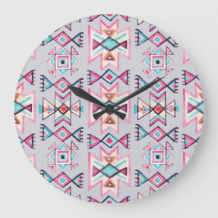 Grande Horloge Ronde Ethnique géométrique, aquarelle motif tribal.
