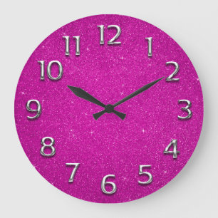 Grande Horloge Ronde Étincelle rose fuchsia grise de chiffres arabes de