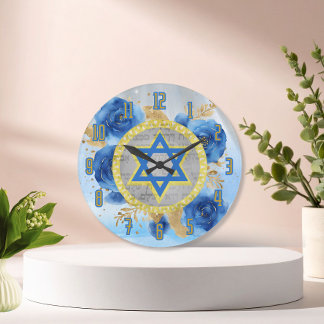 Grande Horloge Ronde Étoile de David bleue avec des roses