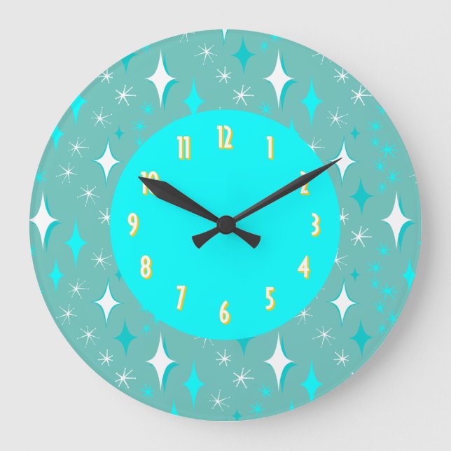 Grande Horloge Ronde Étoiles blanches Turquoises rétro Nombre jaune (Recto)
