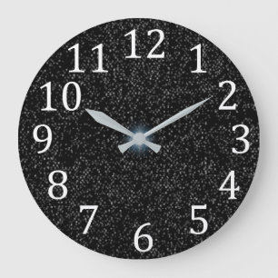 Grande Horloge Ronde Étoiles d'argent Speckles sur noir blanc chiffres 