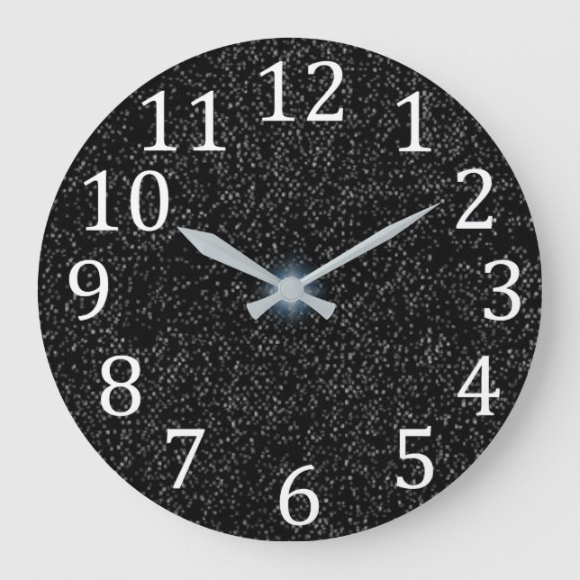 Grande Horloge Ronde Étoiles d'argent Speckles sur noir blanc chiffres  (Recto)