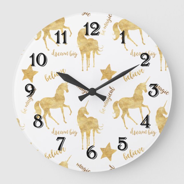 Grande Horloge Ronde Étoiles d'Unicornes d'Or Inspirationnelles (Recto)