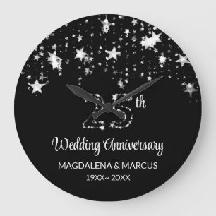 Grande Horloge Ronde Étoiles Et Chiffres Argentés Brillants