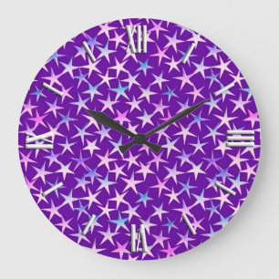 Grande Horloge Ronde étoiles satinées, lavande sur violet
