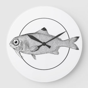 Grande Horloge Ronde Étrange dessin de poisson vintage