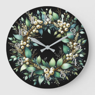Grande Horloge Ronde Eucalyptus et Snowberries Wreath Chalk Pastel