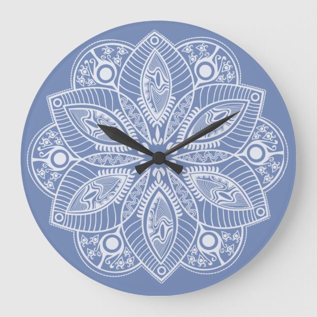 Grande Horloge Ronde Exotic White Mandala on Blue Background (Recto)