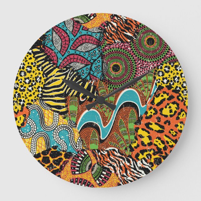 Grande Horloge Ronde Fabric africain : Patchwork d'animaux sauvages. (Recto)
