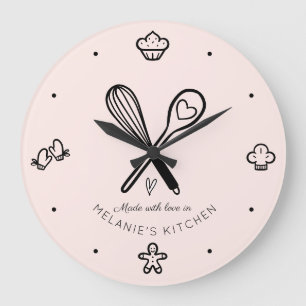 Grande Horloge Ronde Fabriqué Avec Amour Cute Bake Whisk Blush Rose