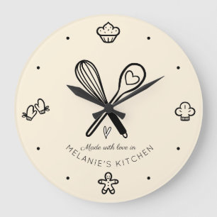 Grande Horloge Ronde Fabriqué avec amour Cute Bake Whisk Jaune pâle