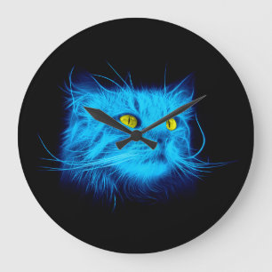 Grande Horloge Ronde Face de chat bleu