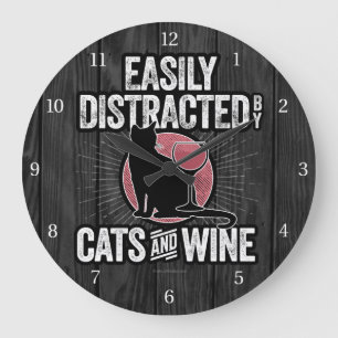Grande Horloge Ronde Facilement distrait par les chats et le vin