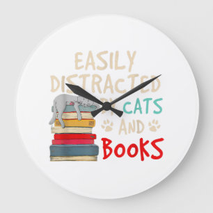 Grande Horloge Ronde Facilement distrait par les chats et les livres - 
