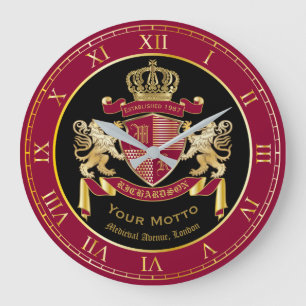 Grande Horloge Ronde Faites votre propre blason d'armoiries d'or rouge
