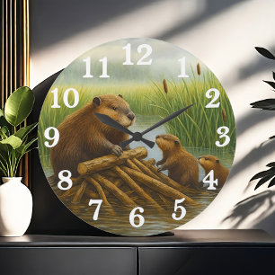 Grande Horloge Ronde Famille de castors dans un havre de zone humide