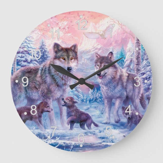 Grande Horloge Ronde Famille De Loups Peinture (Recto)