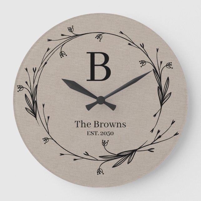 Grande Horloge Ronde Famille Monogramme Rustique Fleur sauvage Élégant (Recto)