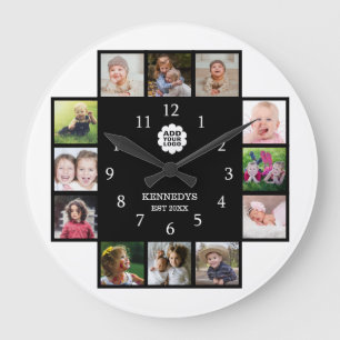 Grande Horloge Ronde Famille personnalisée 12 Photo Collage Logo Noir 