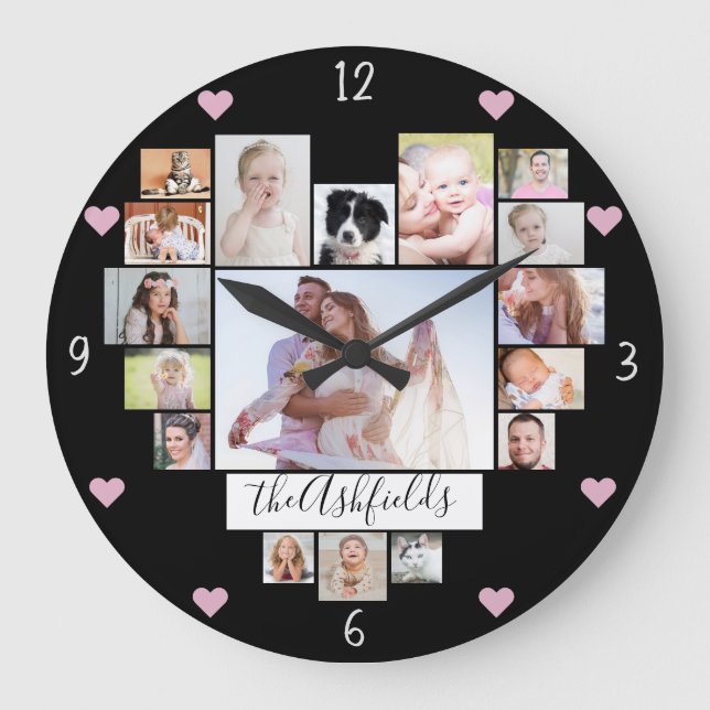 Grande Horloge Ronde Famille Photo Collage Coeurs 17 Photos Nom Noir (Recto)