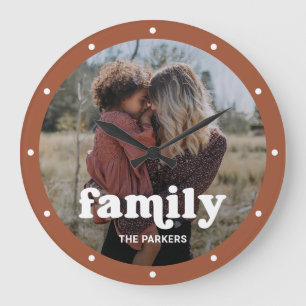 Grande Horloge Ronde Famille Script moderne avec photo Terracotta