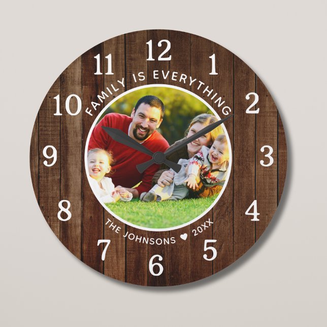 Grande Horloge Ronde Famille Tout Nom Photo Brown Palet Bois (Créateur téléchargé)