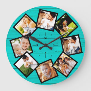 Grande Horloge Ronde Family Photo Collage Rustic Farmhouse Turquoise