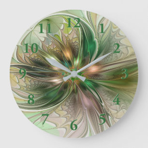 Grande Horloge Ronde Fantaisie Abstraite Moderne Fleur Fractale Colorée