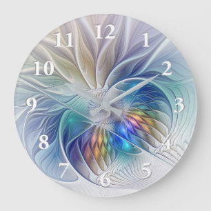 Grande Horloge Ronde Fantaisie florale, fleur fractale abstraite coloré