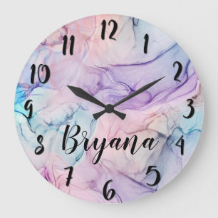 Grande Horloge Ronde Fantaisie Glamour Aquarelle Encre Pastel Éthérée D