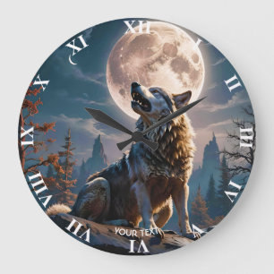 Grande Horloge Ronde Fantasy Mignonne Loup hurlant vers la lune
