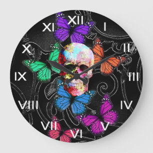 Grande Horloge Ronde Fantasy skull and colored butterflies