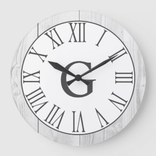 Grande Horloge Ronde Farmhouse Rustic White & Faux White Wood Numerals
