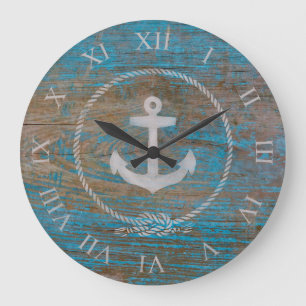 Grande Horloge Ronde Farmhouse Style Nautical Wood   Anchor