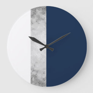 Grande Horloge Ronde faux argent élégant, bleu marine, rayures blanch
