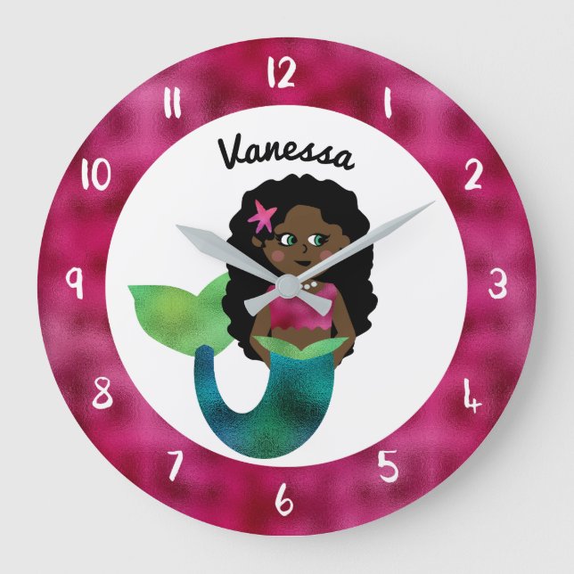 Grande Horloge Ronde Faux Foil de sirène afro-américaine (Recto)