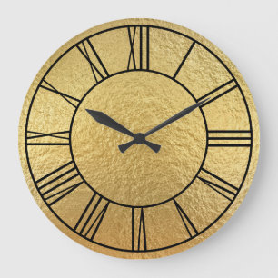 Grande Horloge Ronde Faux Gold Foil Noir chiffres romains