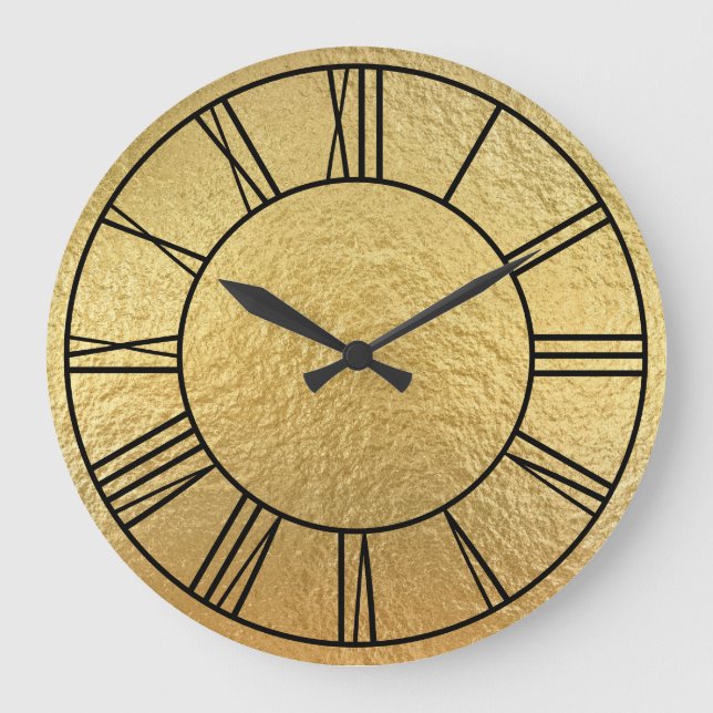 Grande Horloge Ronde Faux Gold Foil Noir chiffres romains (Recto)