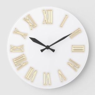 Grande Horloge Ronde Faux Gold Métallic Minimal Chiffres Romains Blanc