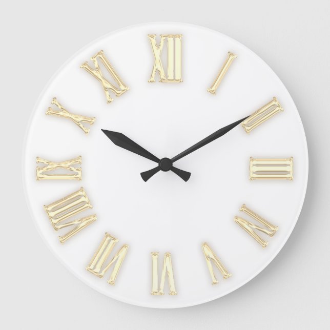 Grande Horloge Ronde Faux Gold Métallic Minimal Chiffres Romains Blanc (Recto)