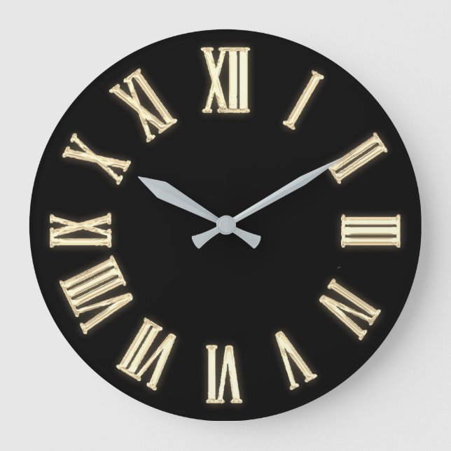 Grande Horloge Ronde Faux Gold Metallic Minimal chiffres romains Noir (Recto)