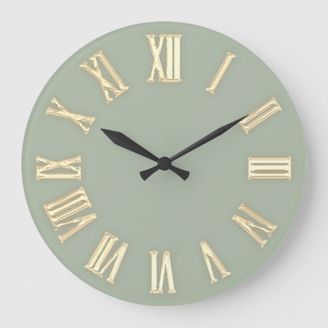 Grande Horloge Ronde Faux Gold Métallic Minimal Chiffres Romains Vert (Recto)