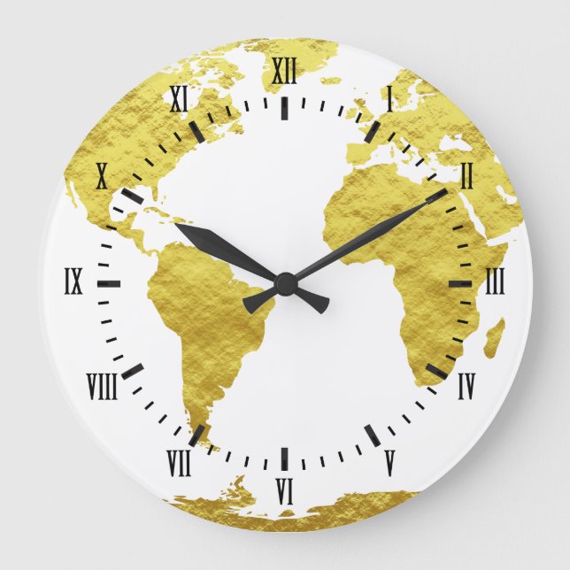 Grande Horloge Ronde Faux Gold World Map Plaques en bois Numéros blancs (Recto)