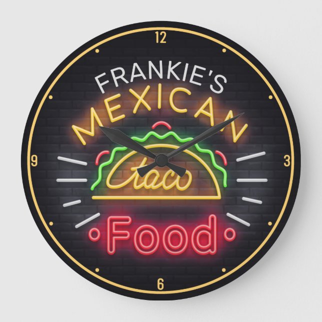 Grande Horloge Ronde Faux Neon Mexican Food Taco Diner personnalisé (Recto)
